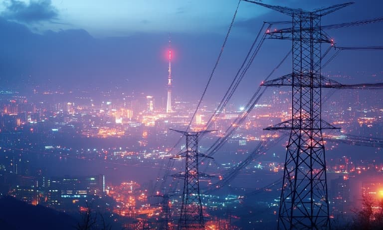 Lignes électriques s'enfonçant dans le paysage urbain la nuit