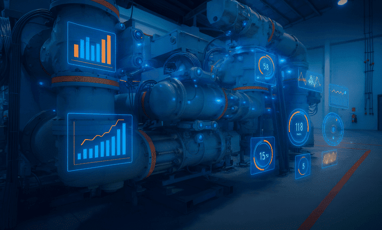 Appareils de commutation isolés au gaz avec superpositions numériques montrant les relevés et les graphiques des capteurs dans une installation industrielle