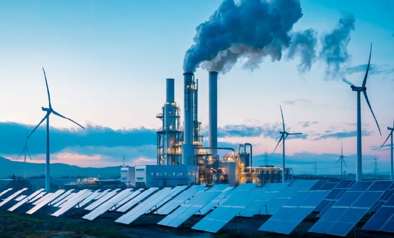 Centrale d'énergie renouvelable au coucher du soleil